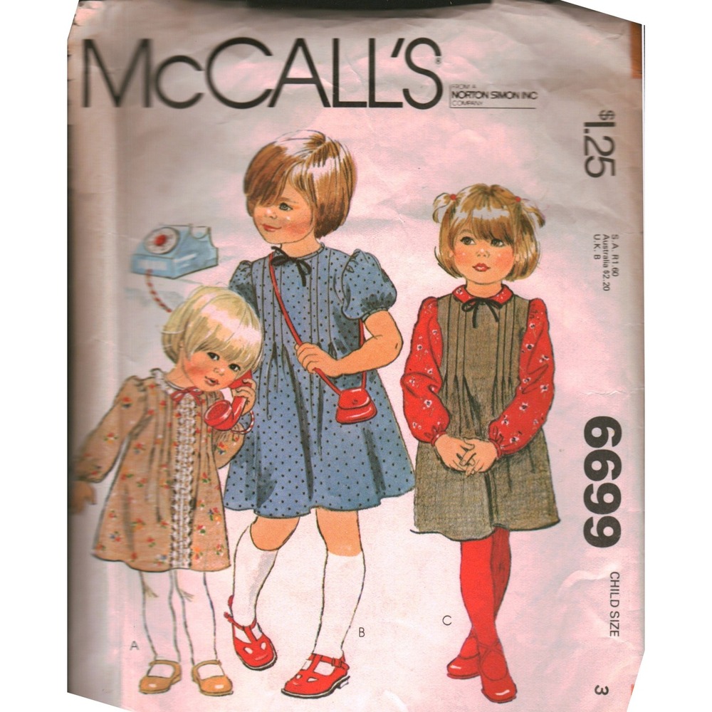 Vintage McCall's 6699 Sewing Pattern 1979 Childrens Dress Jumper Blouse Size 3